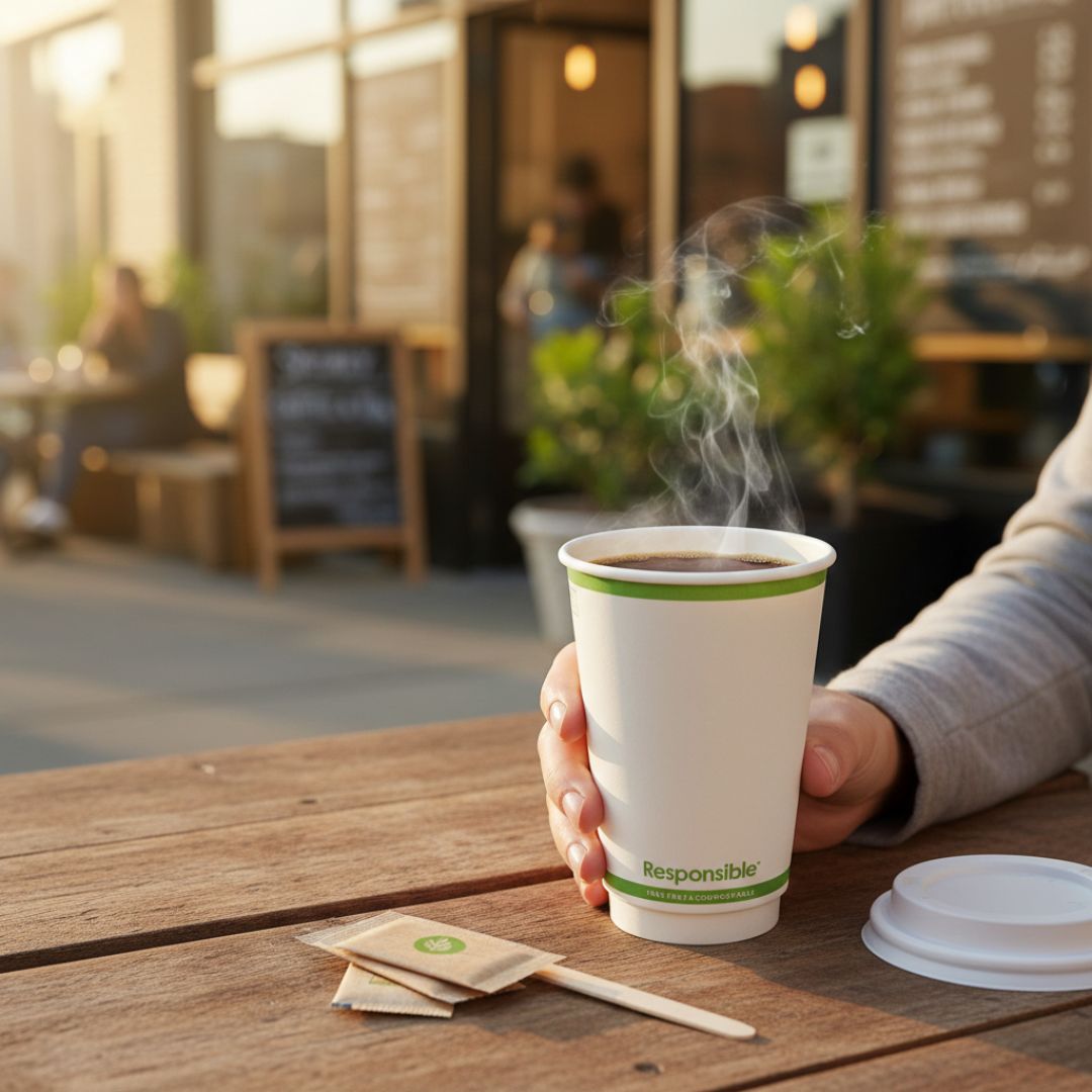 Person holding a steaming coffee cup with 'Responsible' branding on a wooden table outdoors.