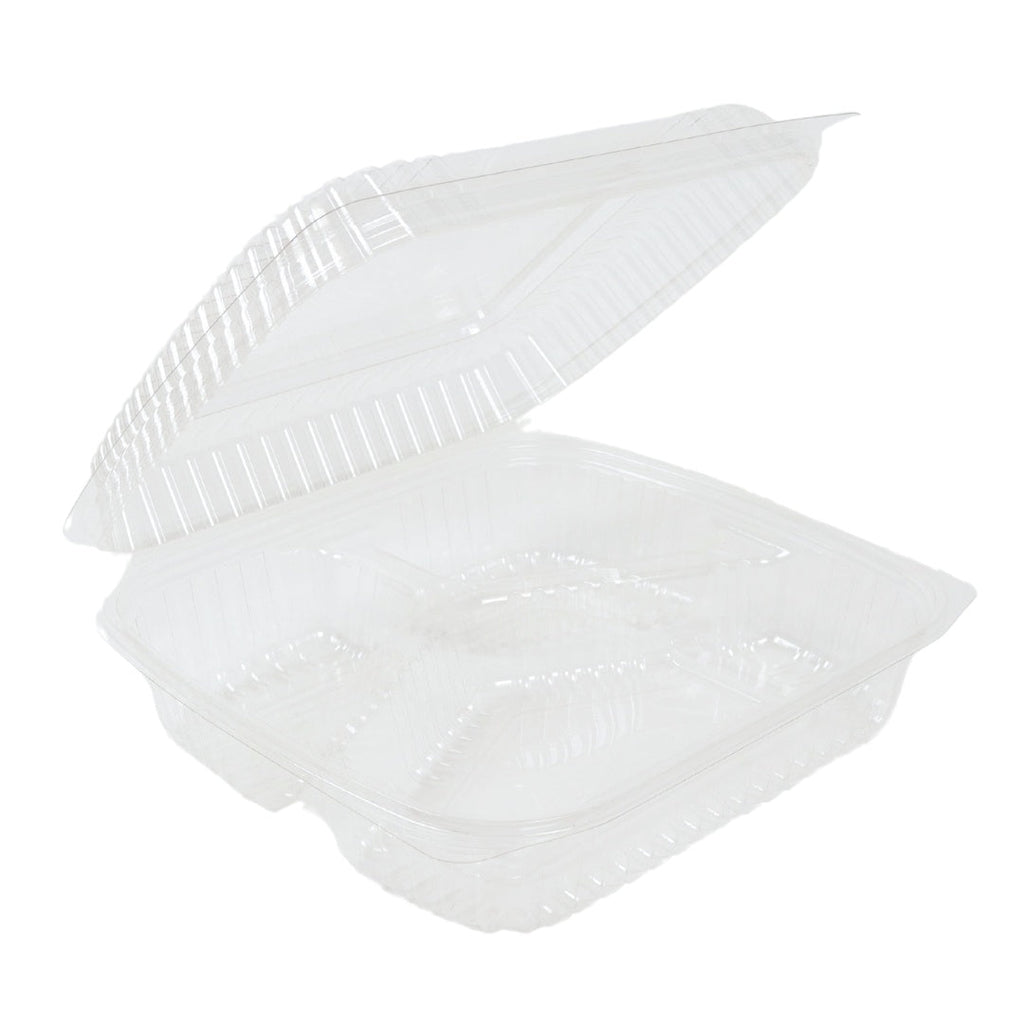 9" x 9" x 3" Clamshell Container | 3-Compartment | Clear RPET