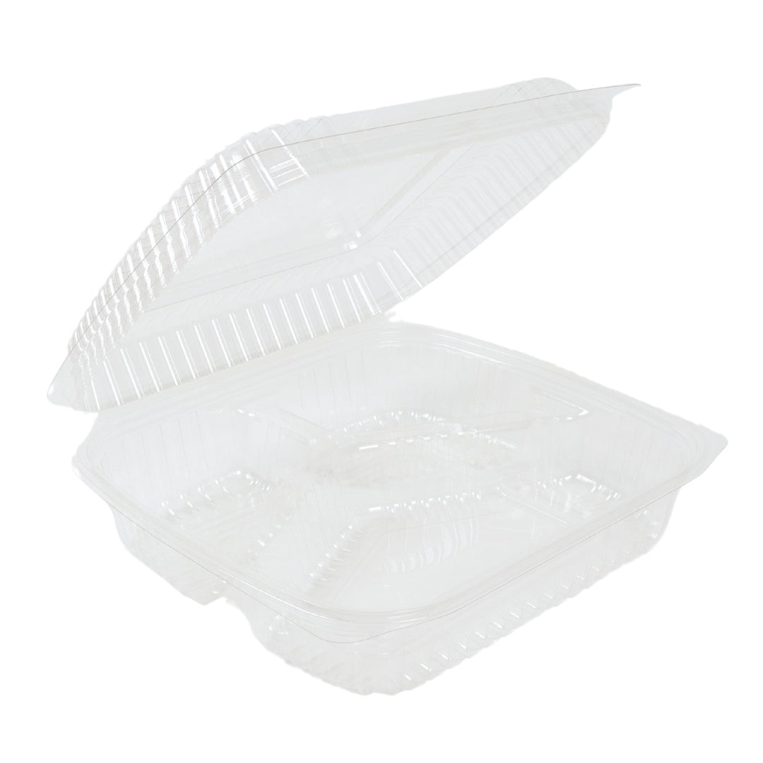9" x 9" x 3" Clamshell Container | 3-Compartment | Clear RPET