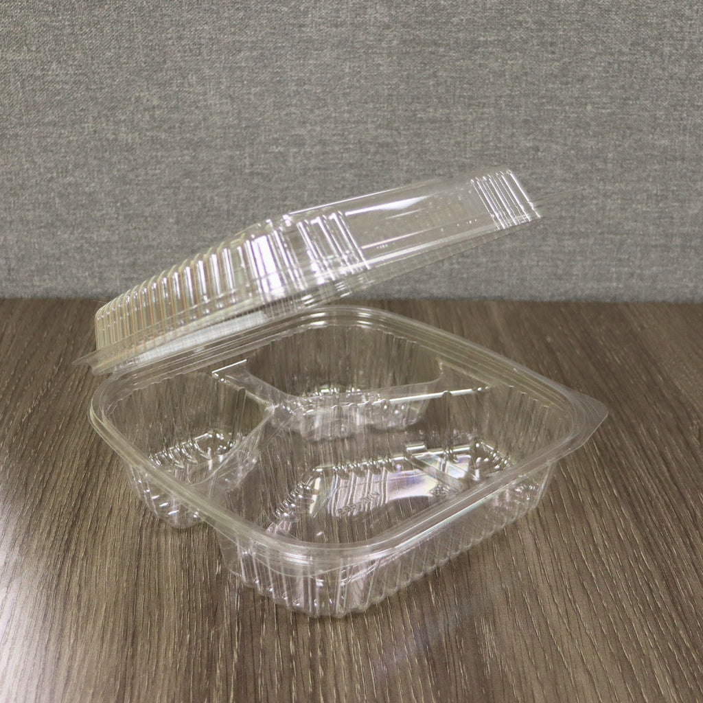 8" x 8" x 3" Clamshell Container | 3-Compartment | Clear RPET