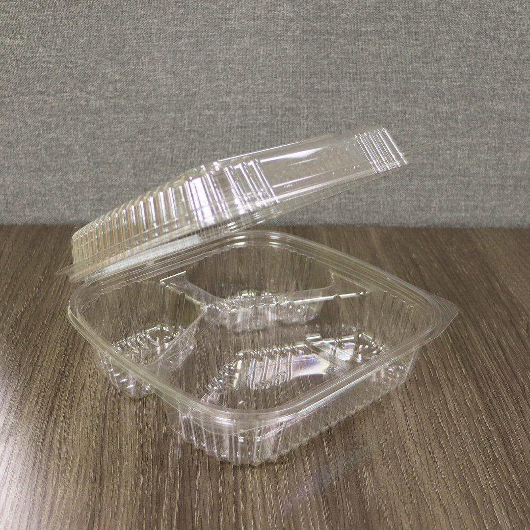8" x 8" x 3" Clamshell Container | 3-Compartment | Clear RPET