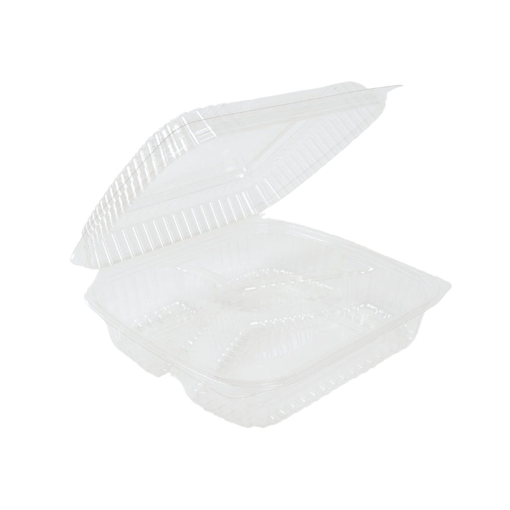 8" x 8" x 3" Clamshell Container | 3-Compartment | Clear RPET