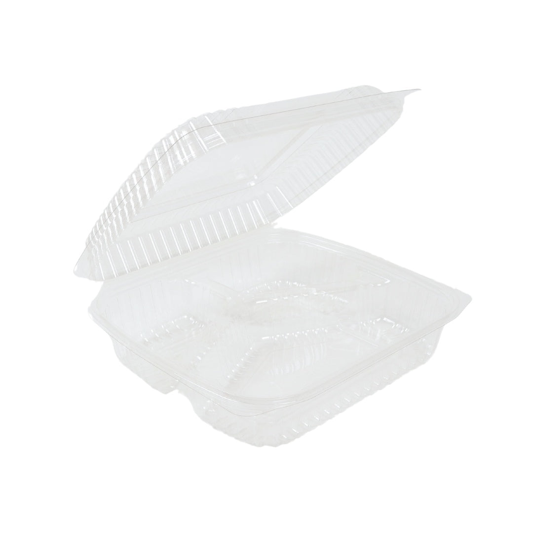 8" x 8" x 3" Clamshell Container | 3-Compartment | Clear RPET