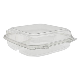 9" x 9" x 3" | 3 Compartment | Recycled Plastic Clamshell | Takeout Container