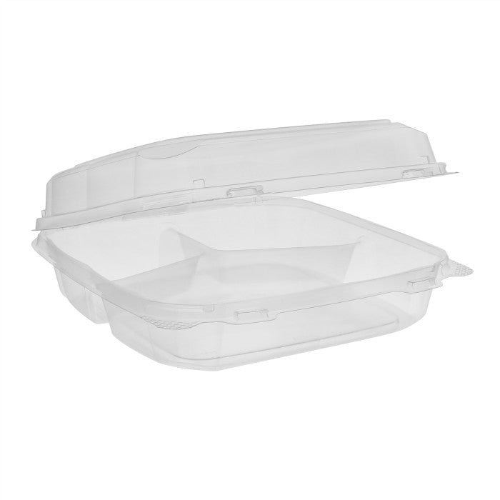9" x 9" x 3" | 3 Compartment | Recycled Plastic Clamshell | Takeout Container