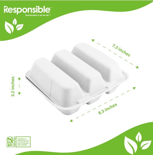 Diagram of taco clamshell with dimensions labeled with "responsible" branding.