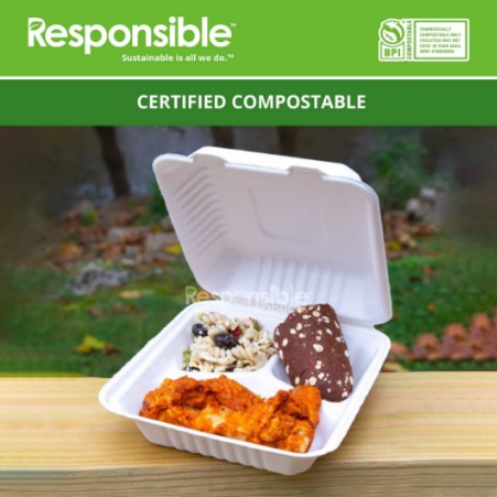 White compostable food container with 3 compartments containing food items on a wooden surface, against a green background with 'Responsible' branding.