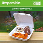 White compostable food container with 3 compartments containing food items on a wooden surface, against a green background with 'Responsible' branding.