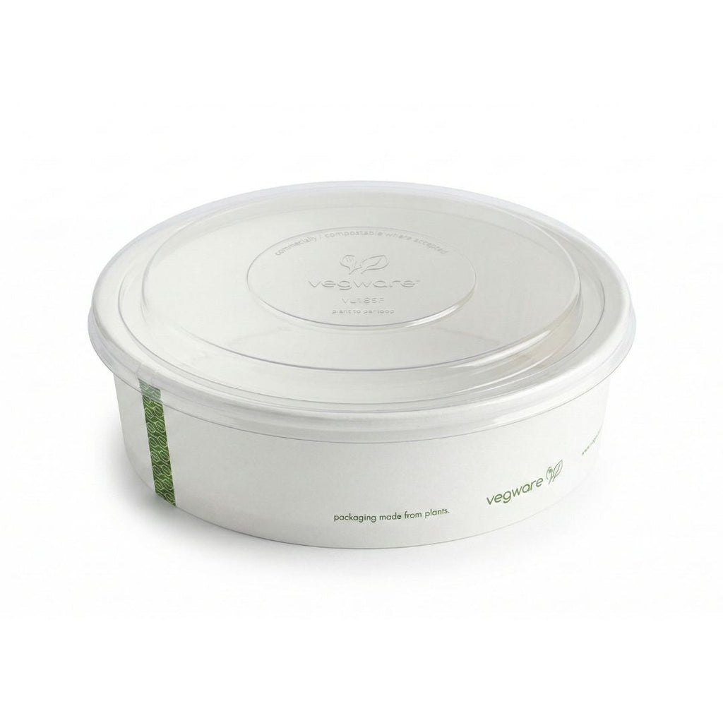 White bowl with green text and a clear compostable lid on a white background