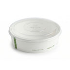 White bowl with green text and a clear compostable lid on a white background