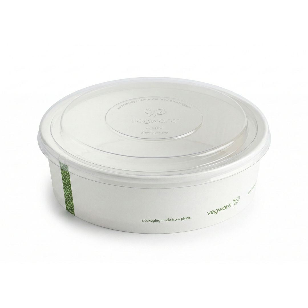 White bowl with green text and a clear compostable lid on a white background