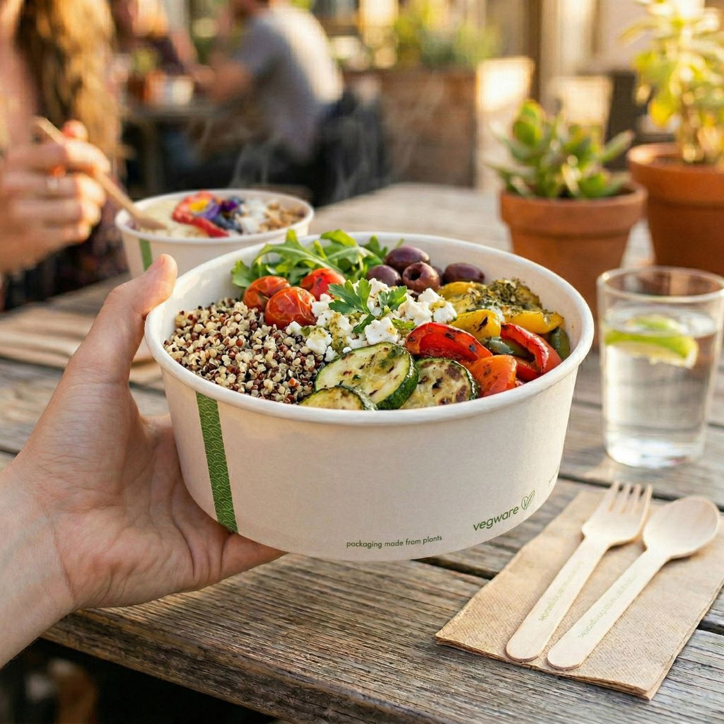 Hand holding a bowl of salad with visible ingredients on a wooden table.