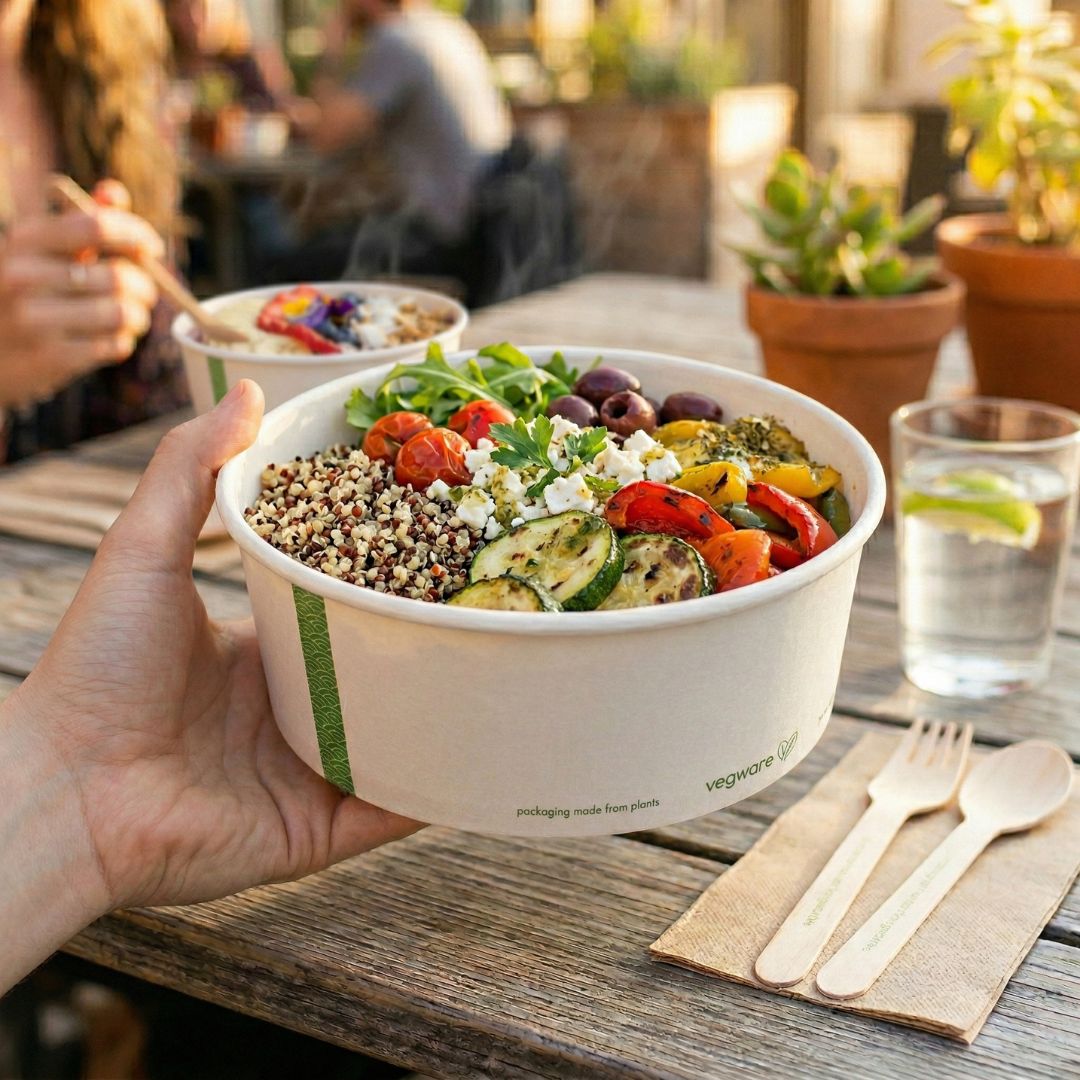Hand holding a bowl of salad with visible ingredients on a wooden table.