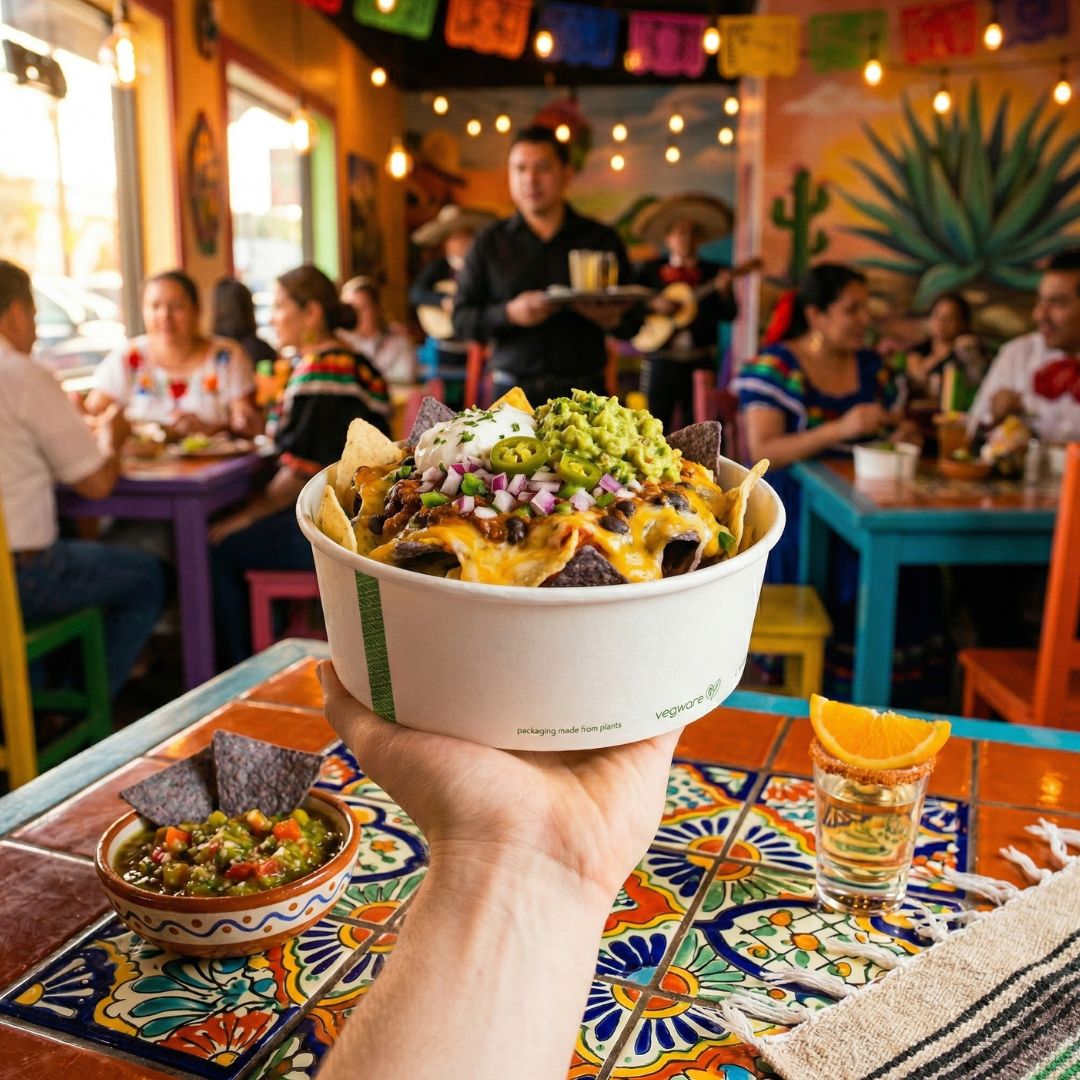 Hand holding a bowl of nachos with guacamole in a colorful restaurant setting