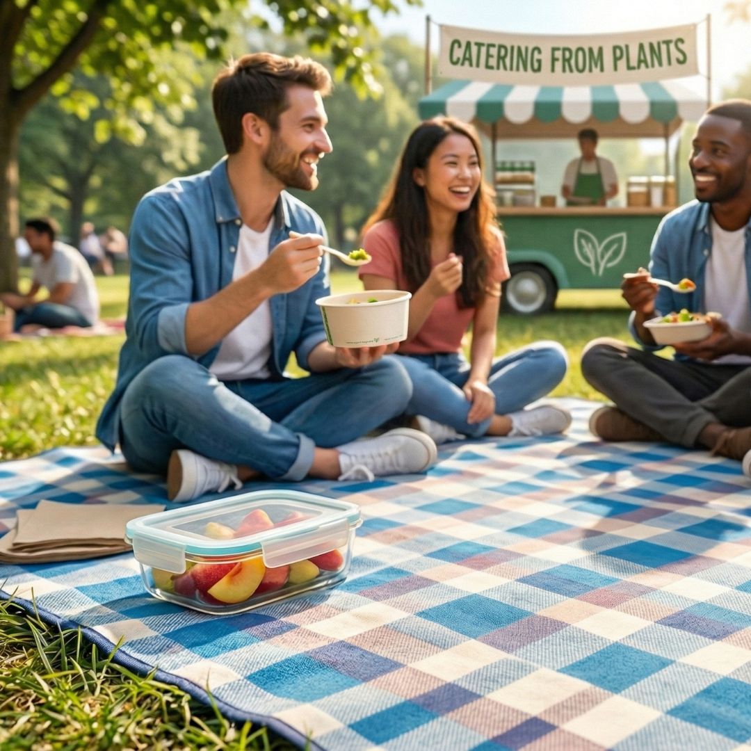 Three people enjoying a picnic on a checkered blanket with a plant-based food truck in the background.
