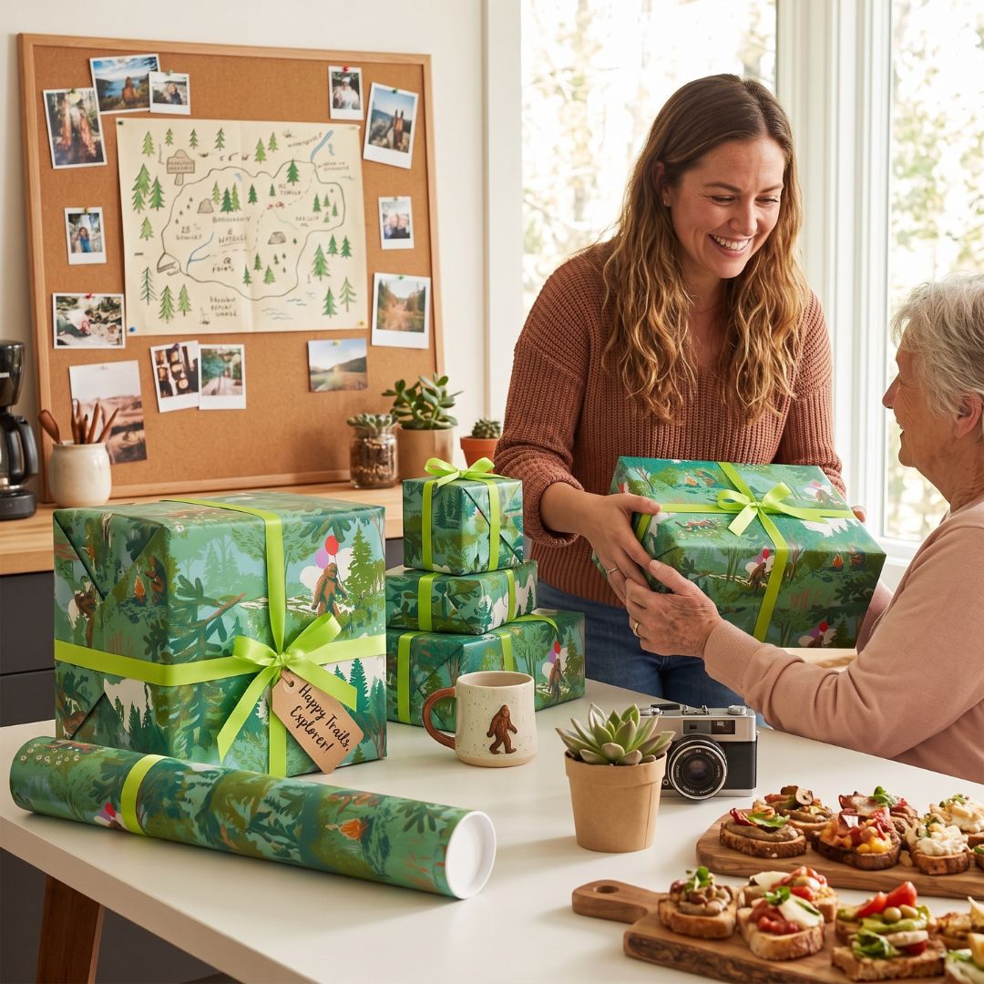 Wrapped gifts featuring a sasquatch printed wrapping paper on a table while two people exchange gifts.