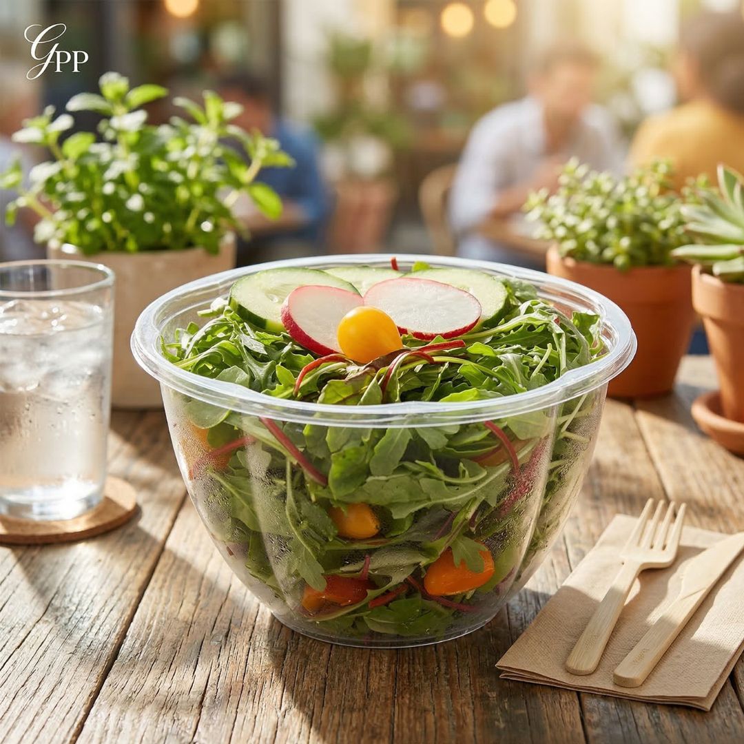 A compostable salad bowl on a wooden table with a blurred outdoor background