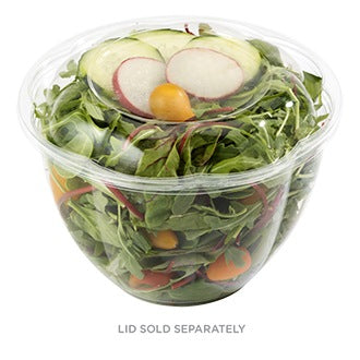 Clear compostable salad bowl with clear lid on a plain white background.