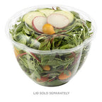Clear compostable salad bowl with clear lid on a plain white background.