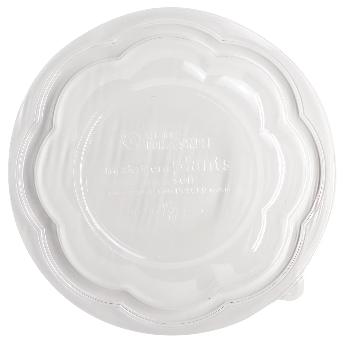 Compostable clear salad bowl lid with text on a white background