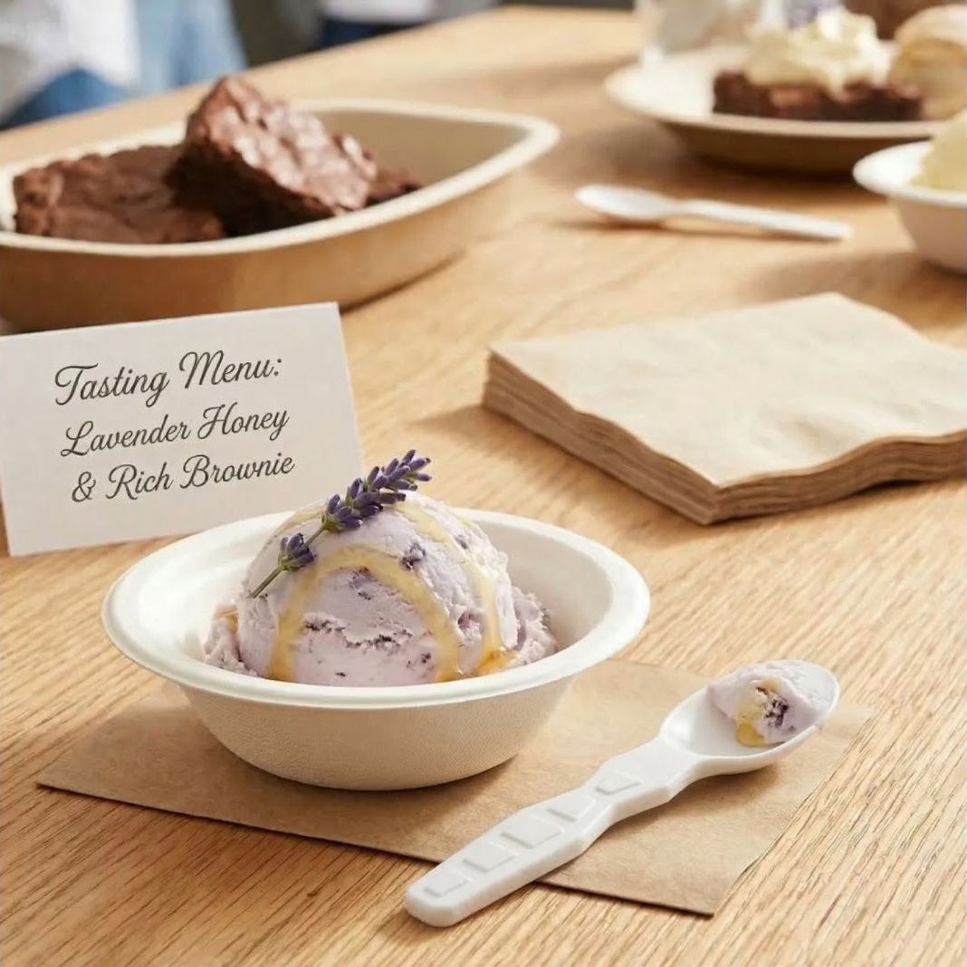 Bowl of lavender honey ice cream with a taster spoon on a wooden table, featuring a 'Tasting Menu' card.