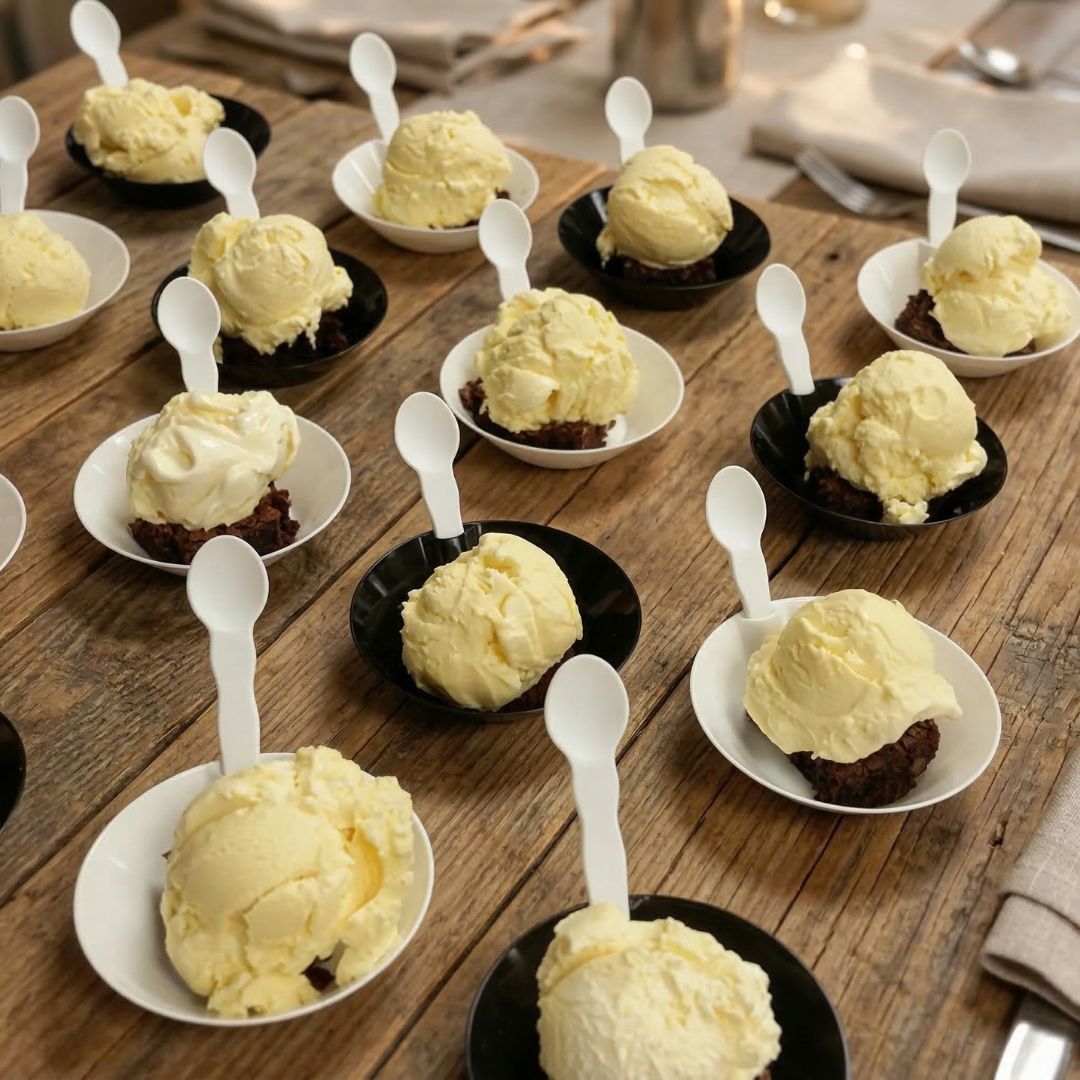 Yummy ice cream dessert on a wooden table in compostable bowls with spoons.