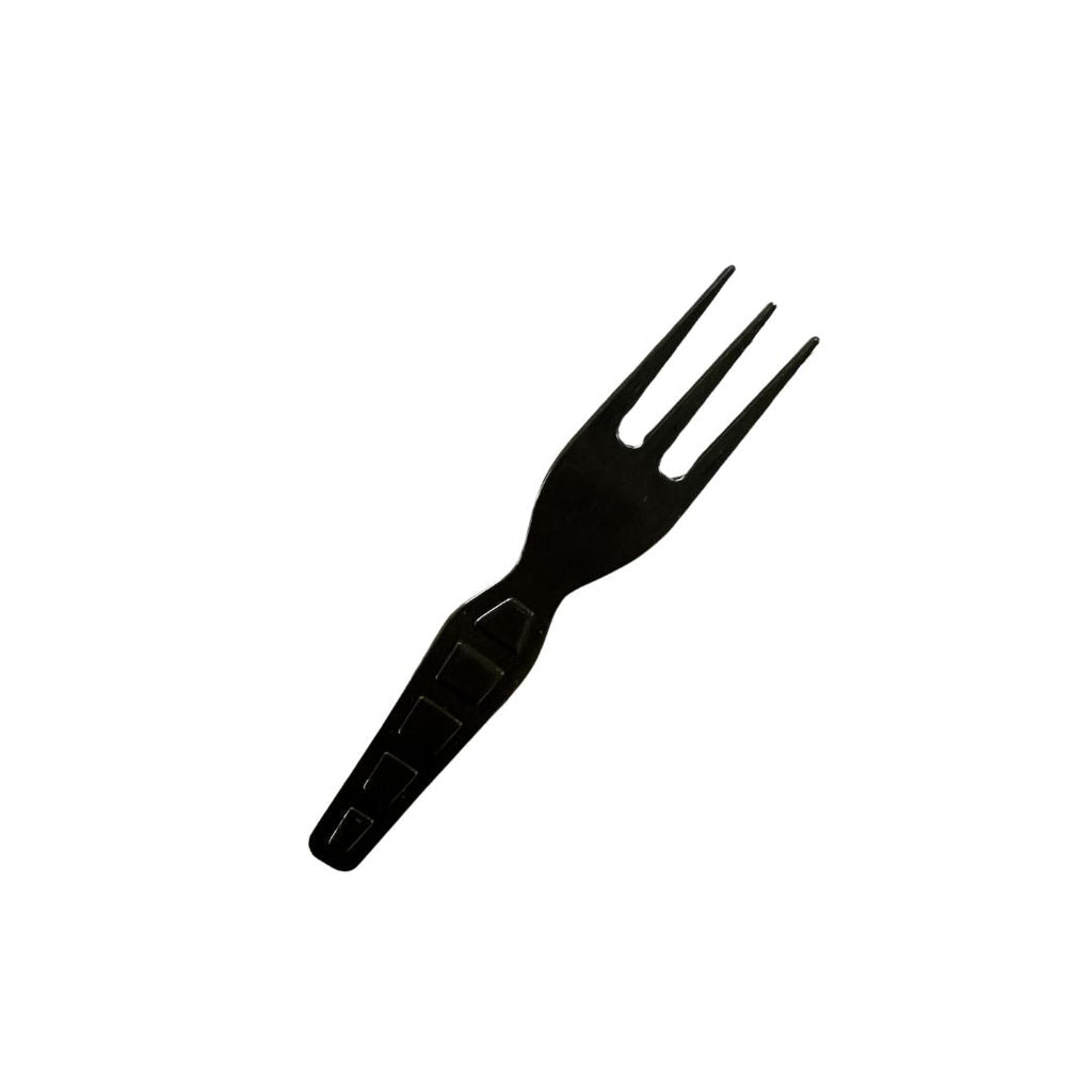 Black compostable appetizer fork on a white background