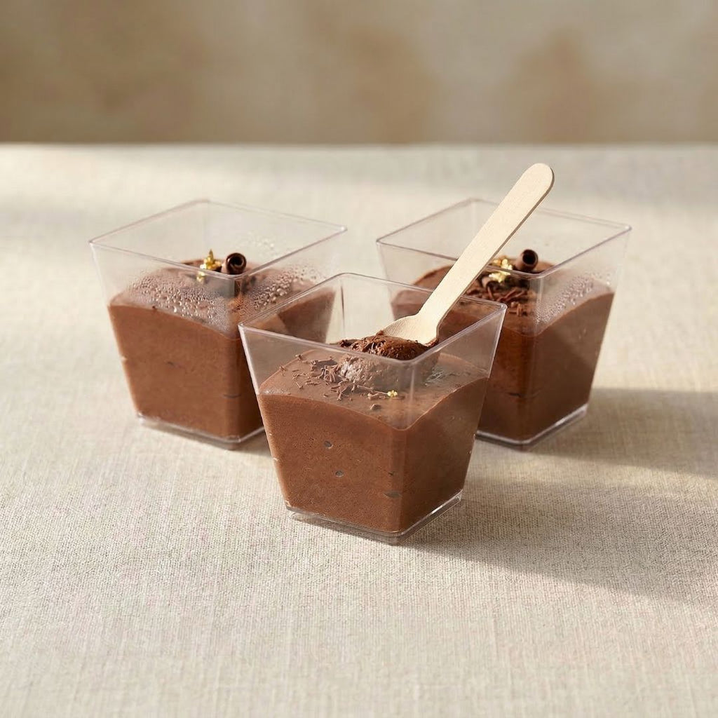 Three small clear containers filled with chocolate mousse on a light surface.
