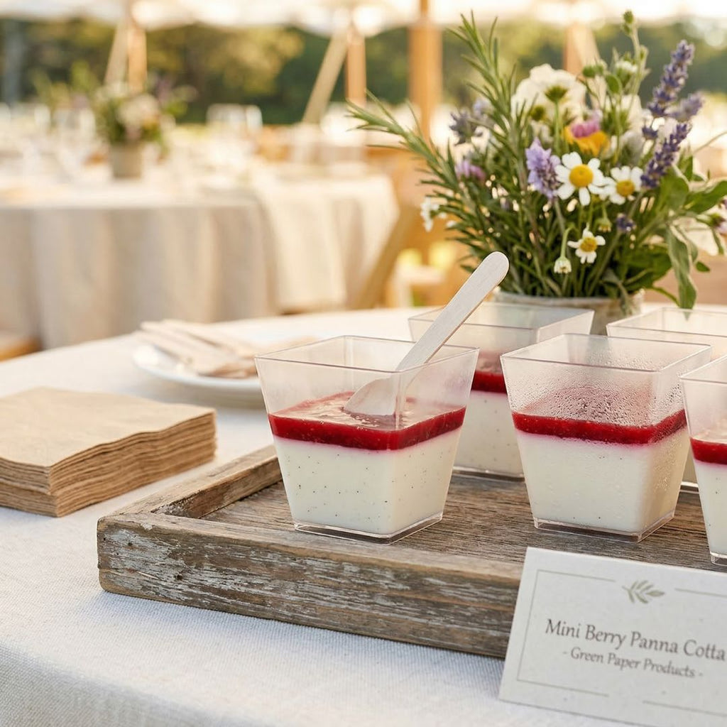 Tray of mini berry panna cotta in compostable dessert containers with a floral arrangement on a table outdoors.