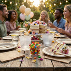 Unwrapped candy in a compostable clear dessert cup with a group of people enjoying an outdoor gathering with cake and balloons.
