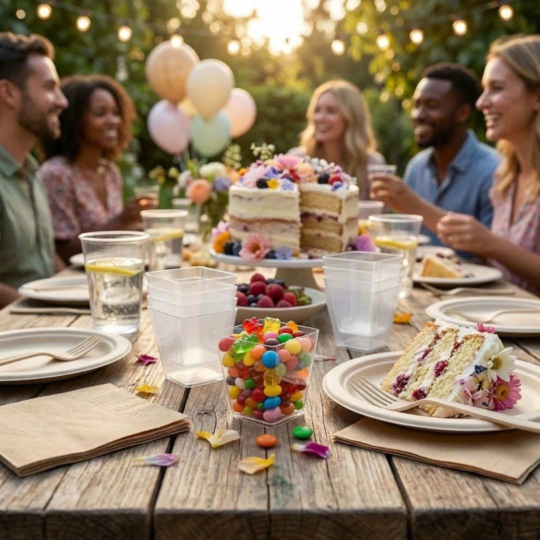 Unwrapped candy in a compostable clear dessert cup with a group of people enjoying an outdoor gathering with cake and balloons.