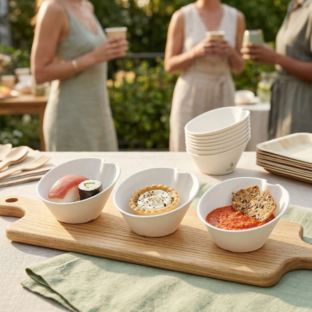 Compostable dessert bowl with small bowls of food on a wooden board outdoors.