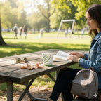 Woman reading a book at a picnic table in a park with a green cup and snacks.