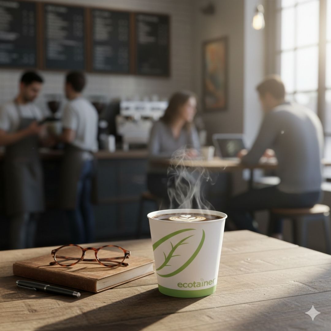 Steaming coffee cup with 'ecotainer' branding on a table in a cafe setting.