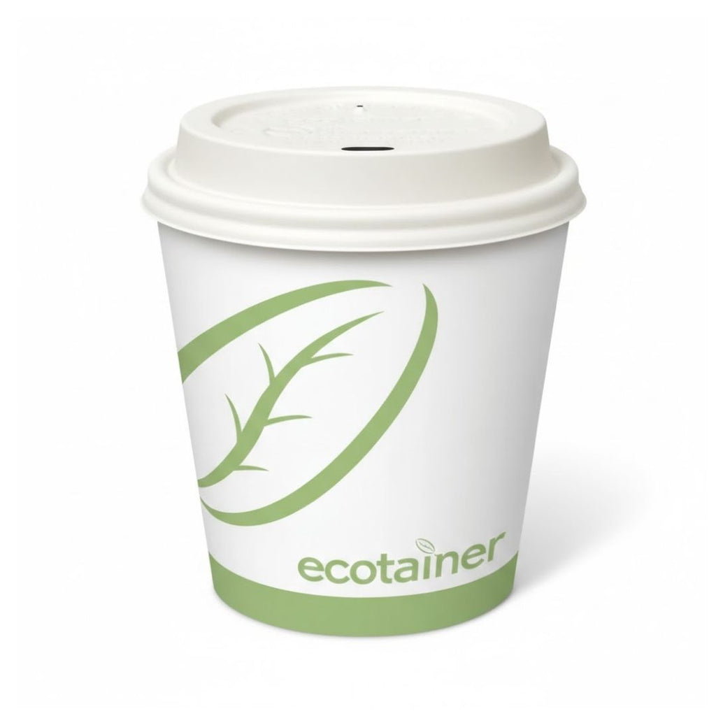 White paper cup with a green leaf design and 'ecotainer' branding  with a white hot cup lid on a white background