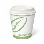 White paper cup with a green leaf design and 'ecotainer' branding  with a white hot cup lid on a white background
