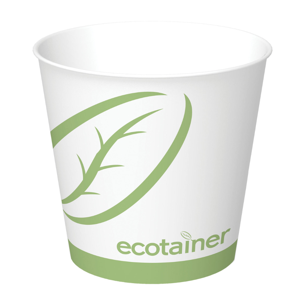 White paper cup with green leaf design and 'ecotainer' branding on a white background