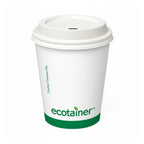White paper cup with a green logo on a white background