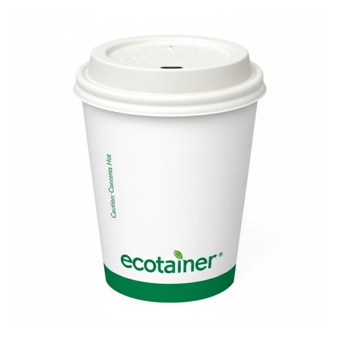 White paper cup with a green logo on a white background