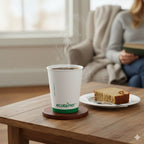 Steaming coffee in an ecotainer cup on a wooden table with a plate of cake and a person reading in the background.