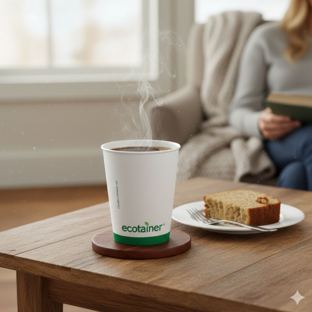 Steaming coffee in an ecotainer cup on a wooden table with a plate of cake and a person reading in the background.