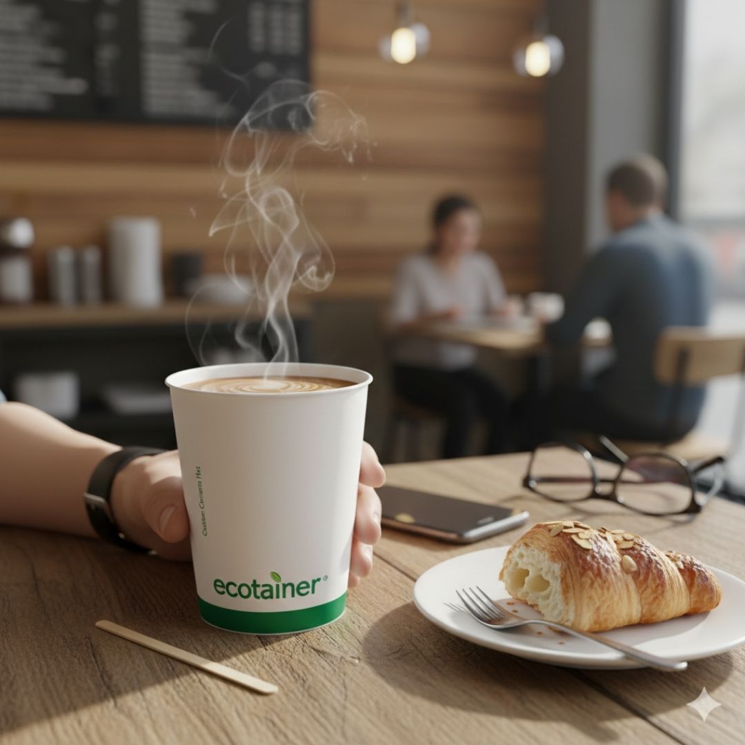 Person holding a steaming coffee cup with 'ecotainer' branding, next to a pastry on a table in a café.