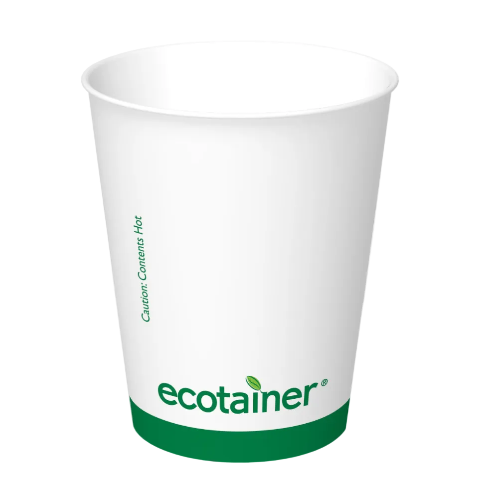 White paper cup with green ecotainer logo on a white background