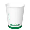White paper cup with green ecotainer logo on a white background