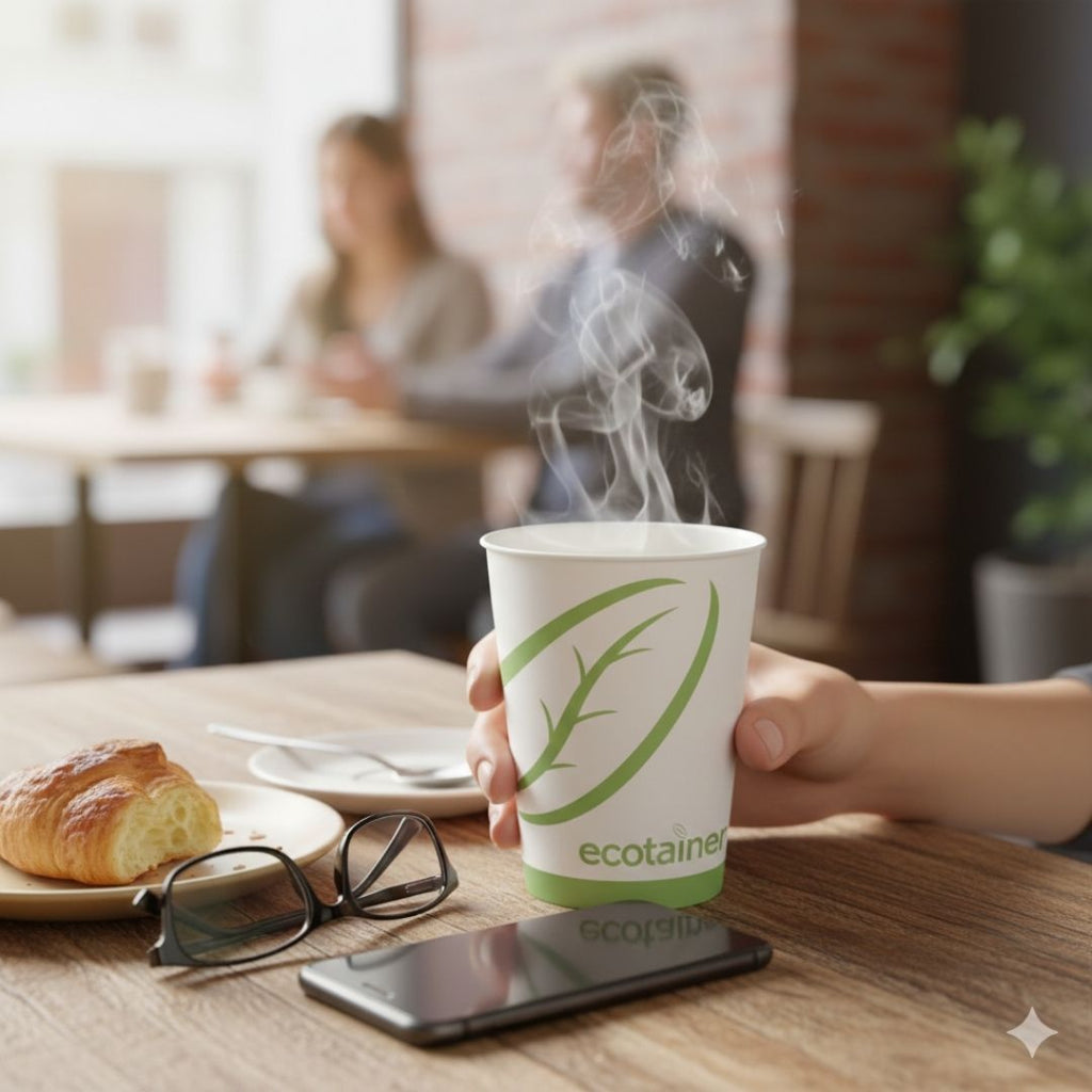 White paper cup with green leaf design and 'ecotainer' branding being held by a person in a cafe setting.