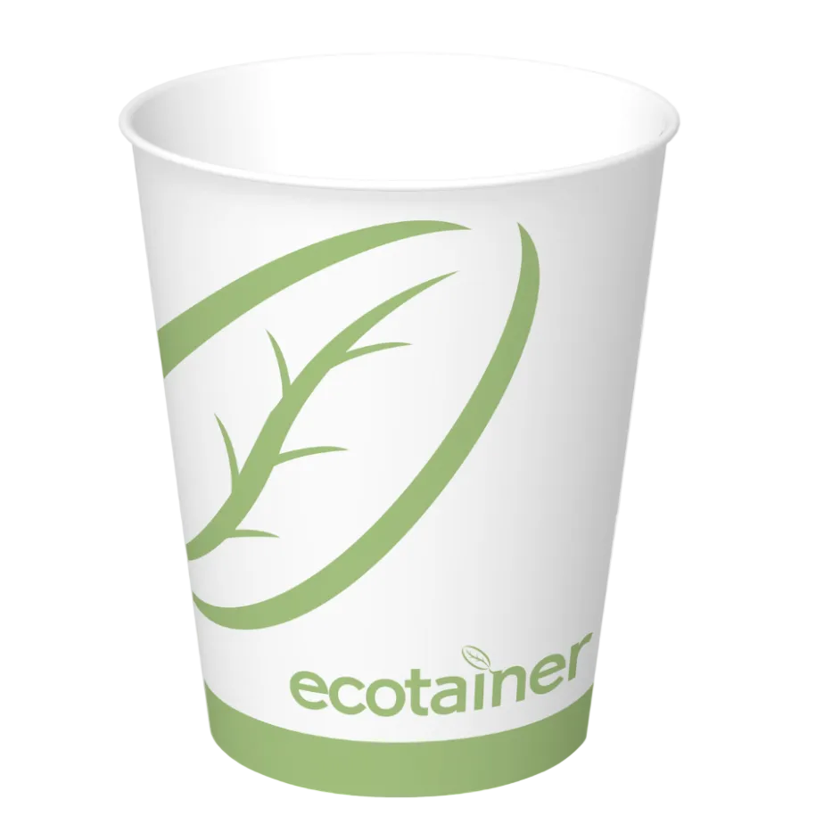 White paper cup with green leaf design and 'ecotainer' branding on a white background