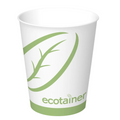 White paper cup with green leaf design and 'ecotainer' branding on a white background