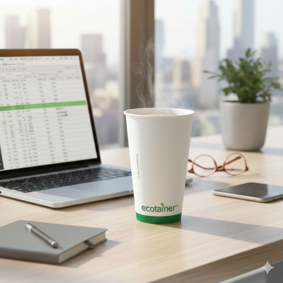 White paper cup with 'ecotainer' logo on a desk with a laptop and smartphone.