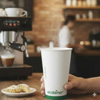 Hand holding a steaming cup with 'ecotainer' branding in a coffee shop setting.