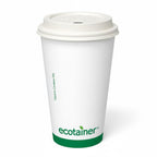 White paper cup with a white lid and 'ecotainer' branding on a white background